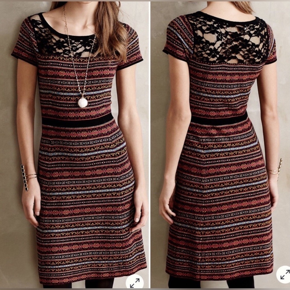 Anthropologie Sparrow Fair Isle Sweater Dress XS short sleeve knit lace‎ wool